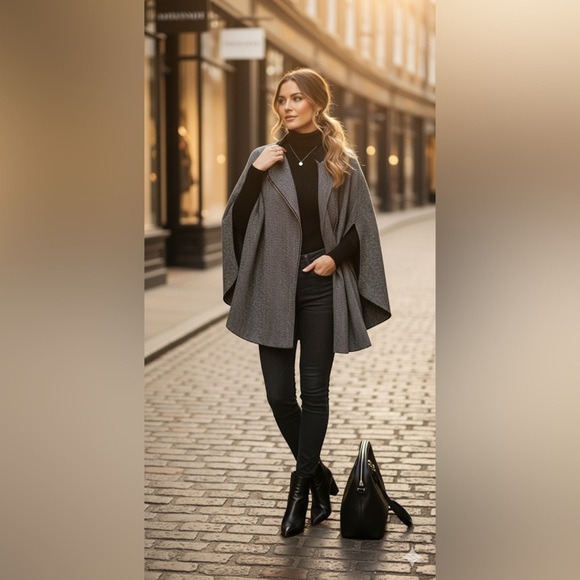 Charlie Paige Black & White Herringbone Cape with Pockets One Size Fits All - Picture 6 of 6